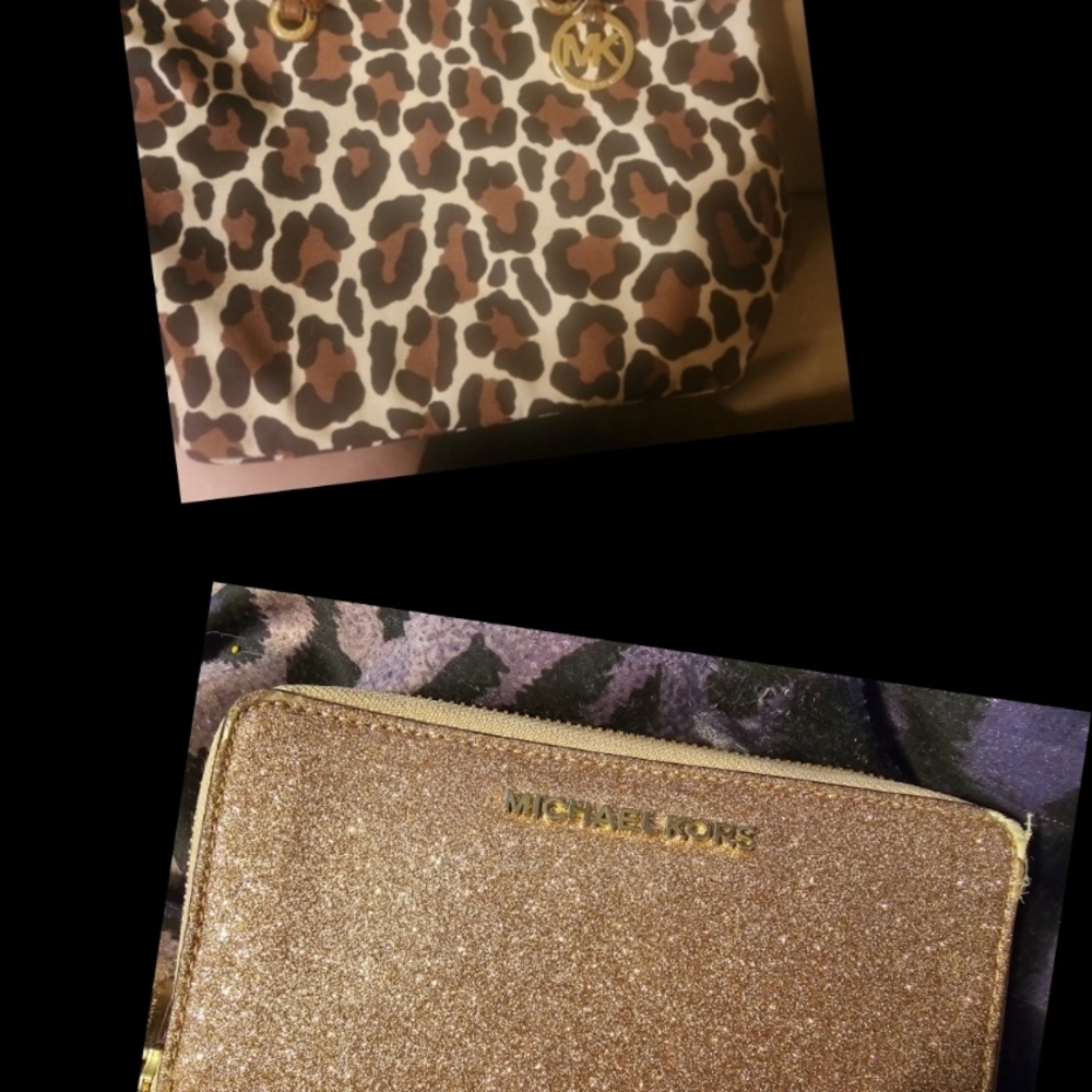 Michael Kors Leopard Print and Rose Gold Glitter Wallet Set